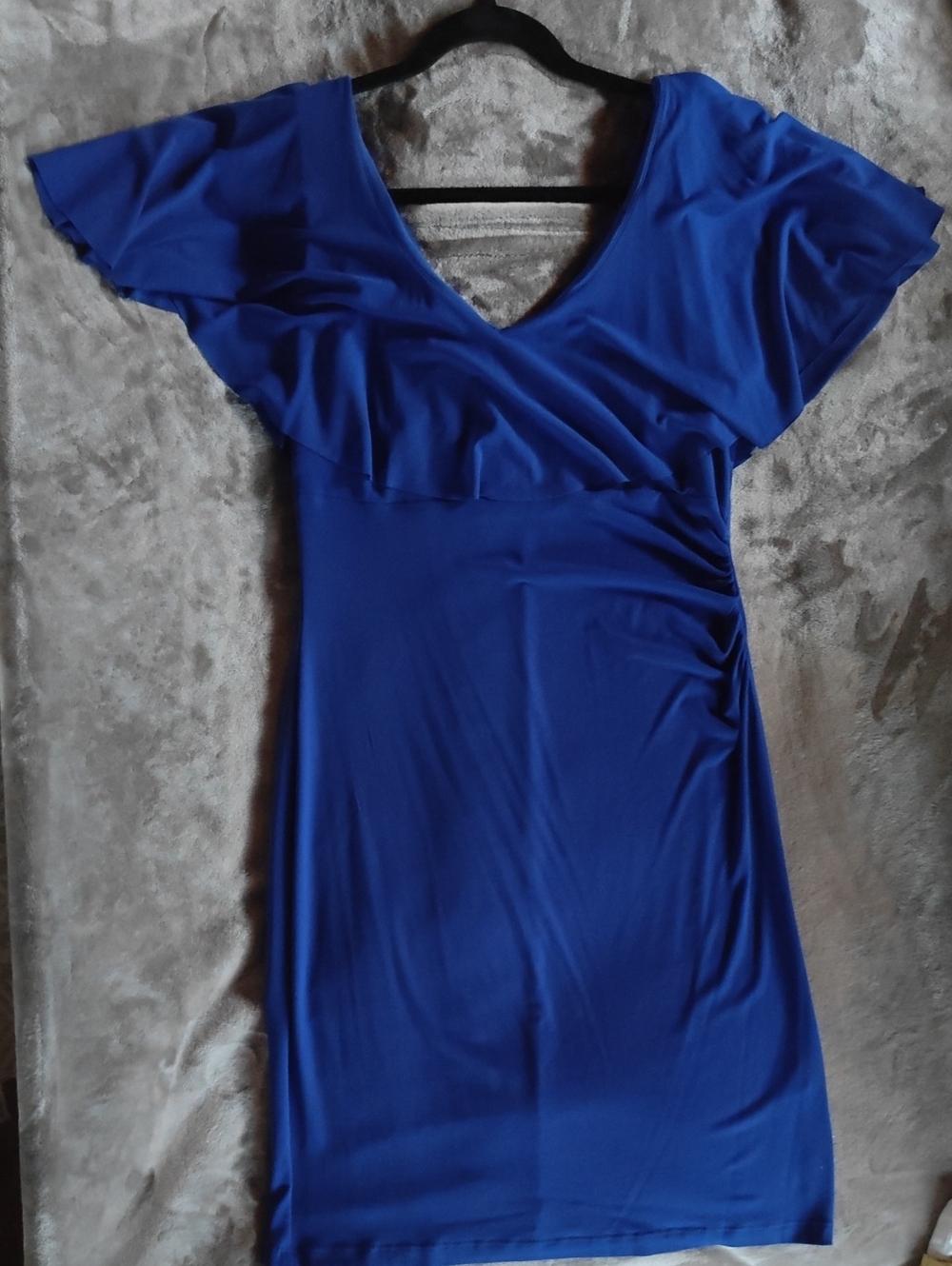 connected apparel Cobalt V-Neck Ruffle Mini Dress